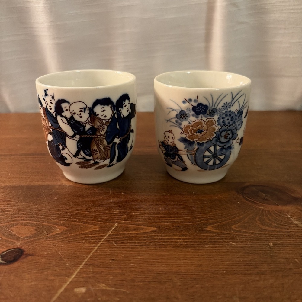 Vintage Norleans Japan Porcelain Tea Cups‎ Set of 2 Blue White Children Motif
